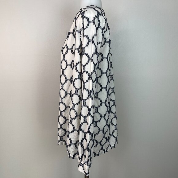 LOFT Top XS Ivory Navy Blue Textured Lightweight Cotton Popover Blouse Women's - Picture 5 of 13